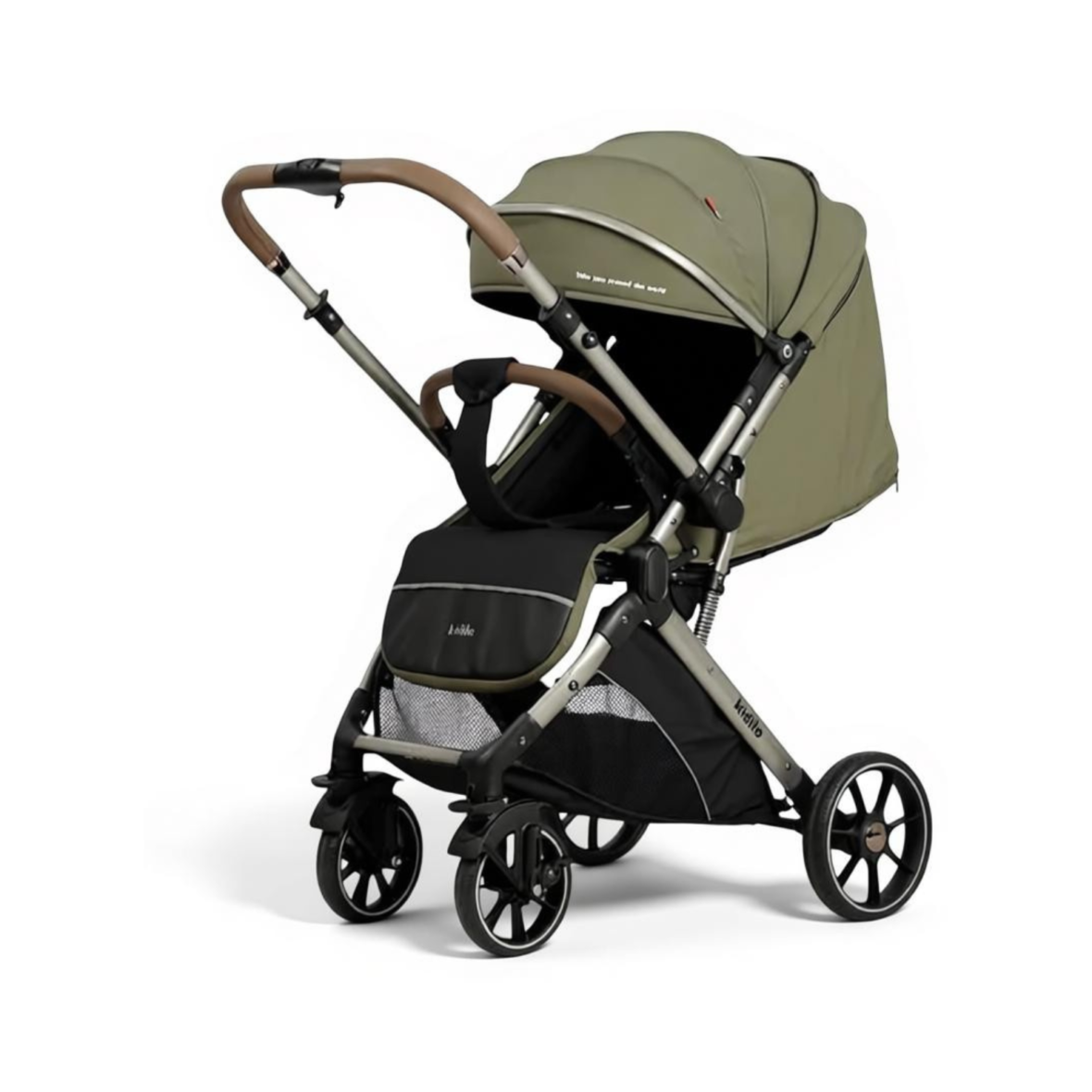 Kidilo 6600 Baby Stroller – Strong Frame, Full Recline, Leather Handle, Quick Fold, Shock-Absorbing Wheels-Army Green