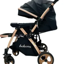 Belecoo 4B baby stroller with aluminum frame and detachable food tray in upright position