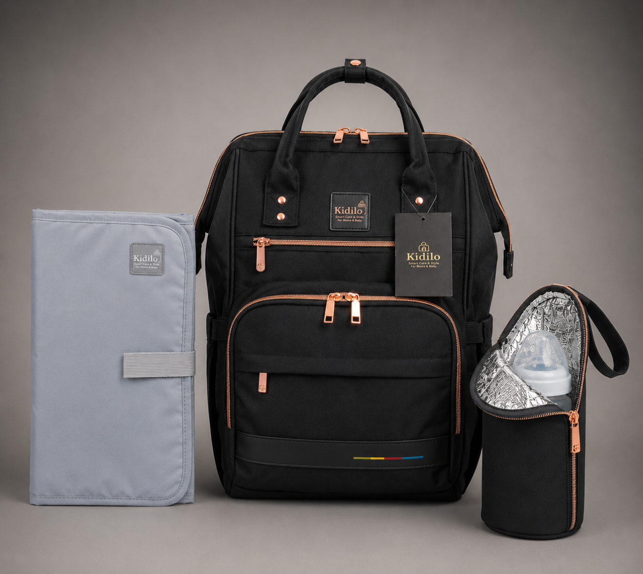 Kidilo K-15 Premium Mommy Backpack Diaper Bag & Portable Changing Mat Set