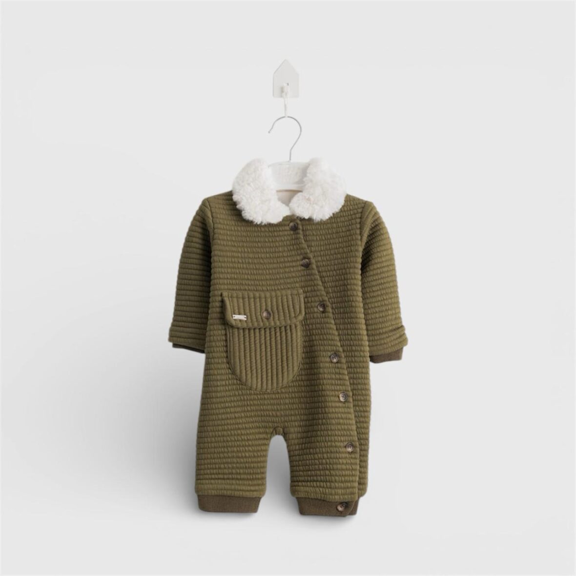 Luxury Olive Green Quilted Baby Romper with Faux Fur Collar