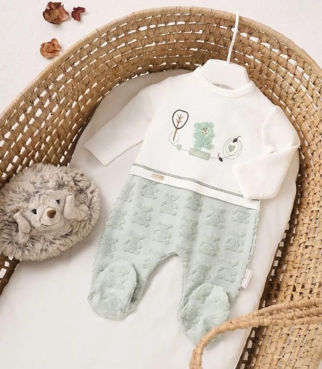 Mint Green Teddy Bear Embossed Baby Romper