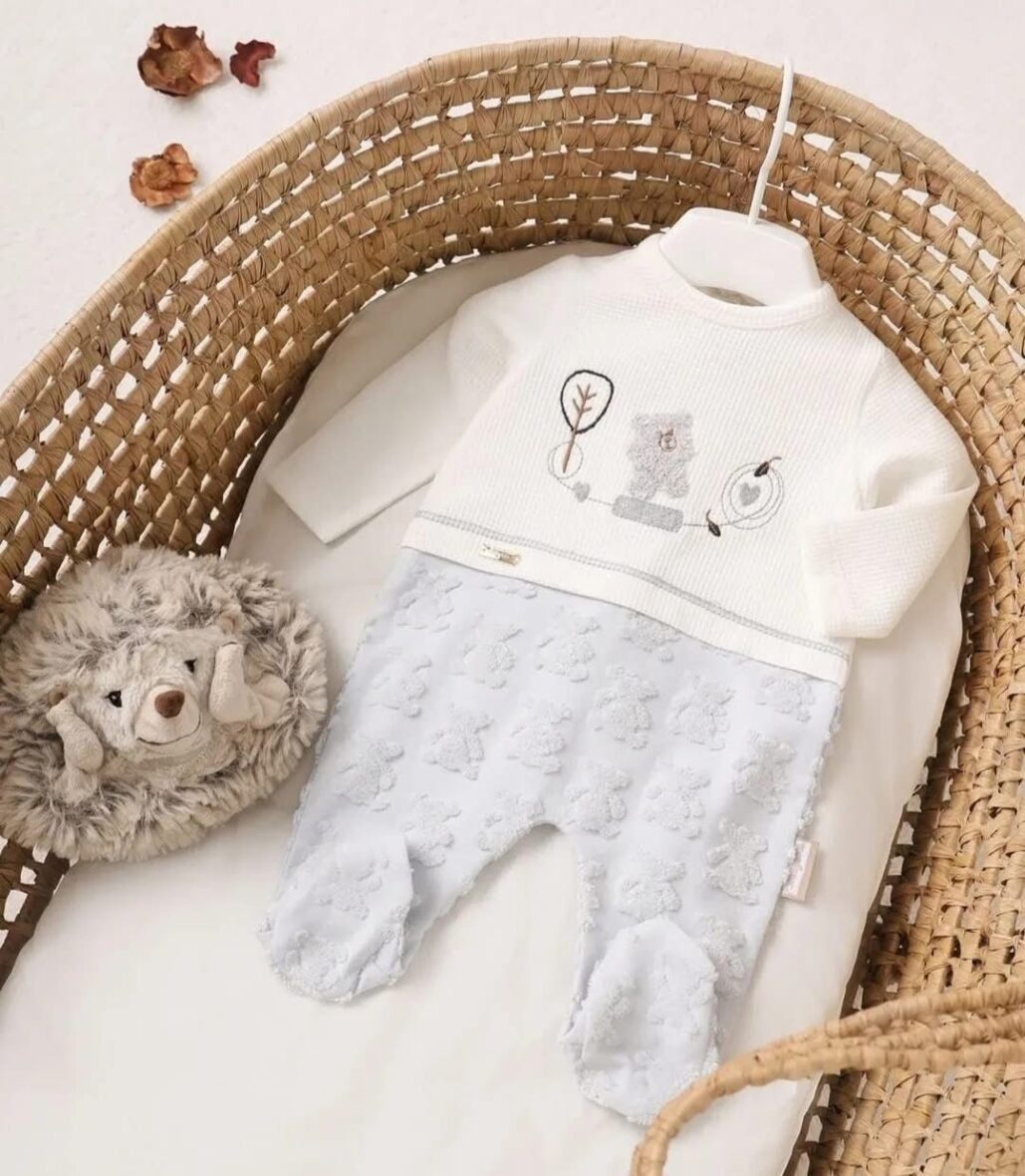 Gray Teddy Bear Embossed Baby Romper