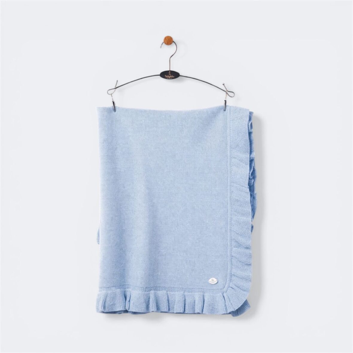 Elegant Blue Knitted Baby Blanket with Ruffle Edge