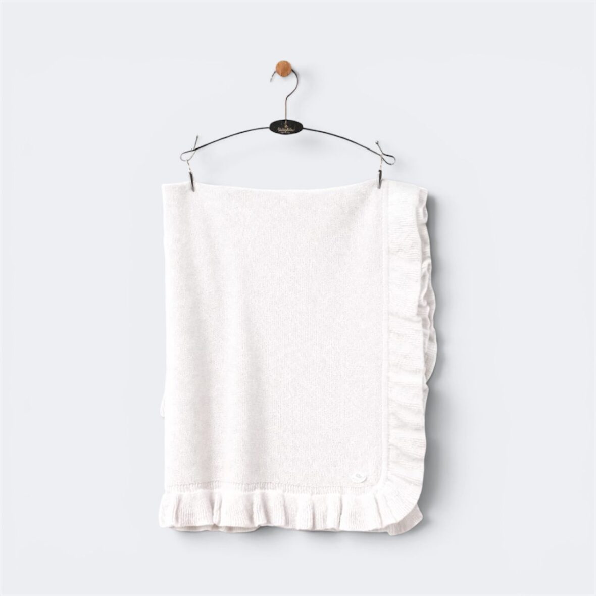 White Knitted Baby Blanket with Ruffle Edge