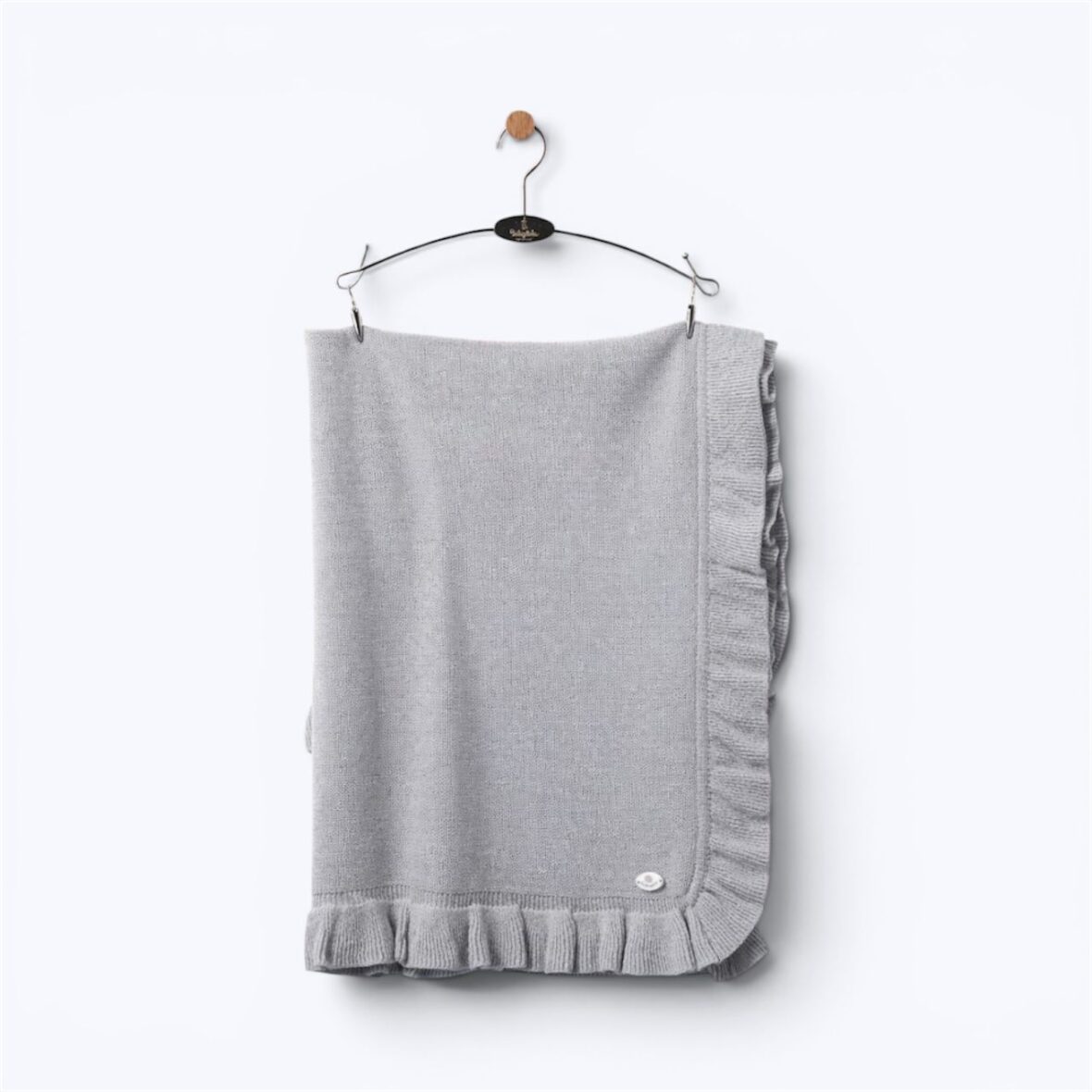 Elegant Gray Knitted Baby Blanket with Ruffle Edge