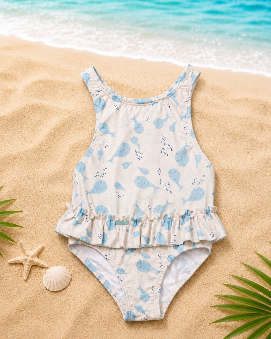 Kids’ Ocean Whale Print One-Piece Swimsuit with Ruffle Trim