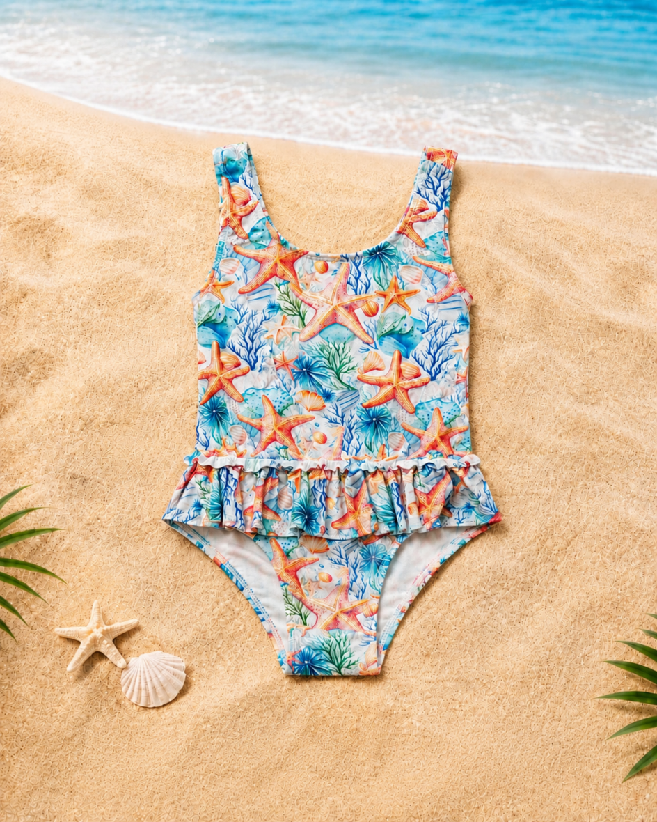Starfish Print Girls Swimsuit – One-Piece Beach & Pool Swimwear