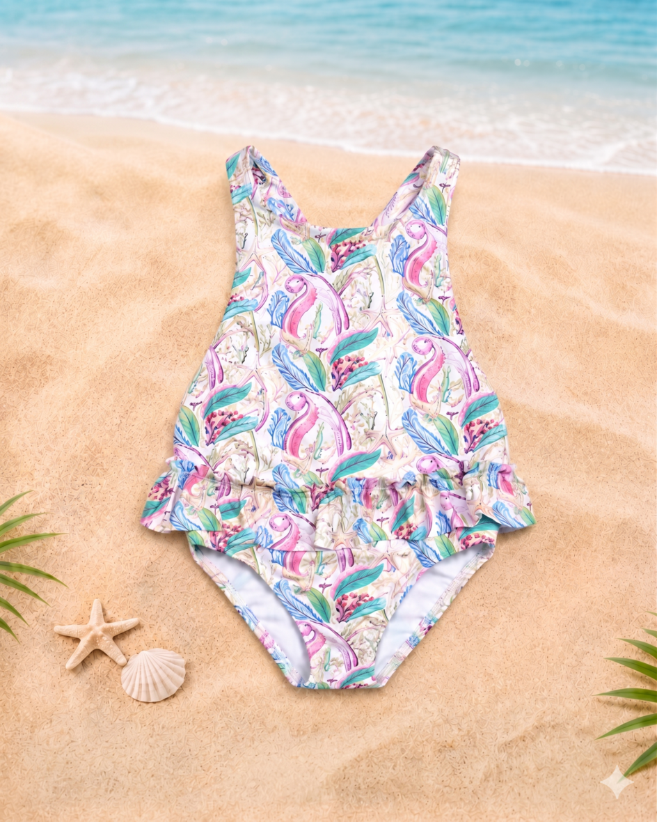 Kids’ Tropical Flamingo & Seafoam Flora One-Piece Swimsuit