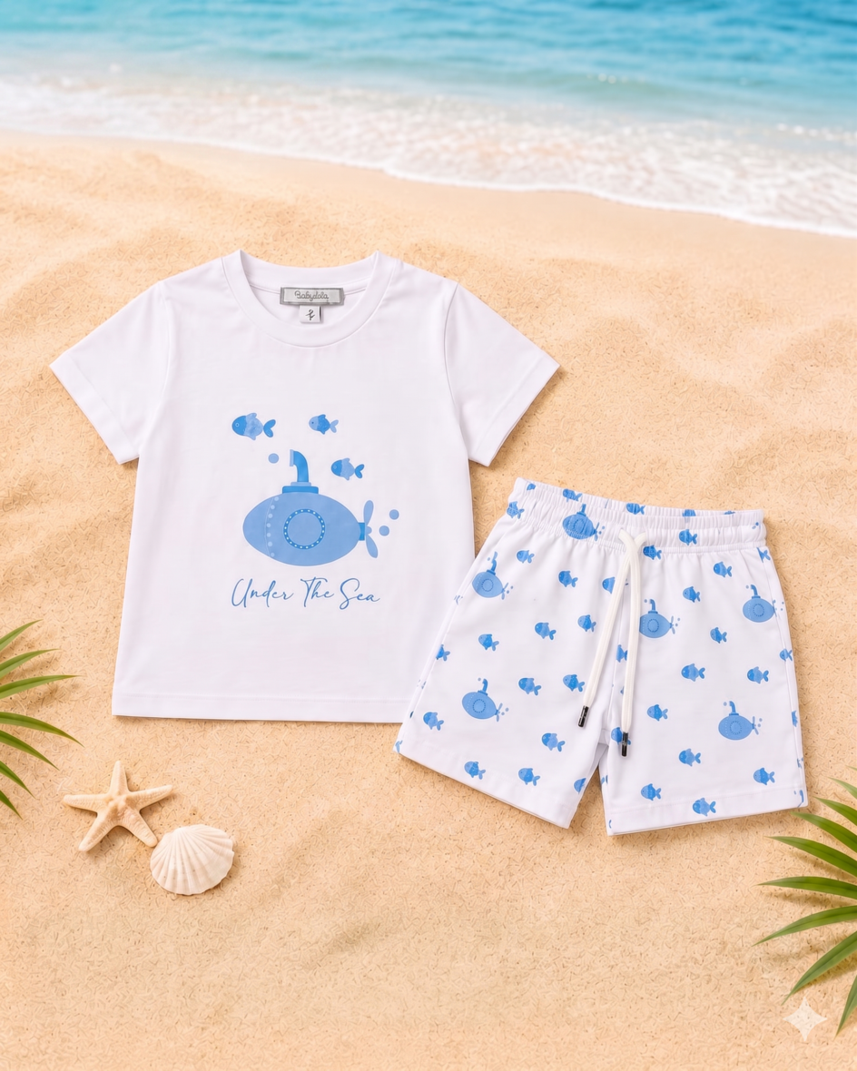 Kids’ Blue and White Two-Piece Submarine Beach Set
