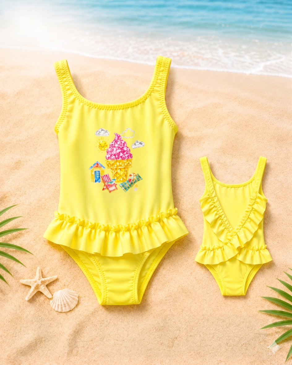 Kids’ Premium Yellow Ice Cream Graphic One-Piece Swimsuit