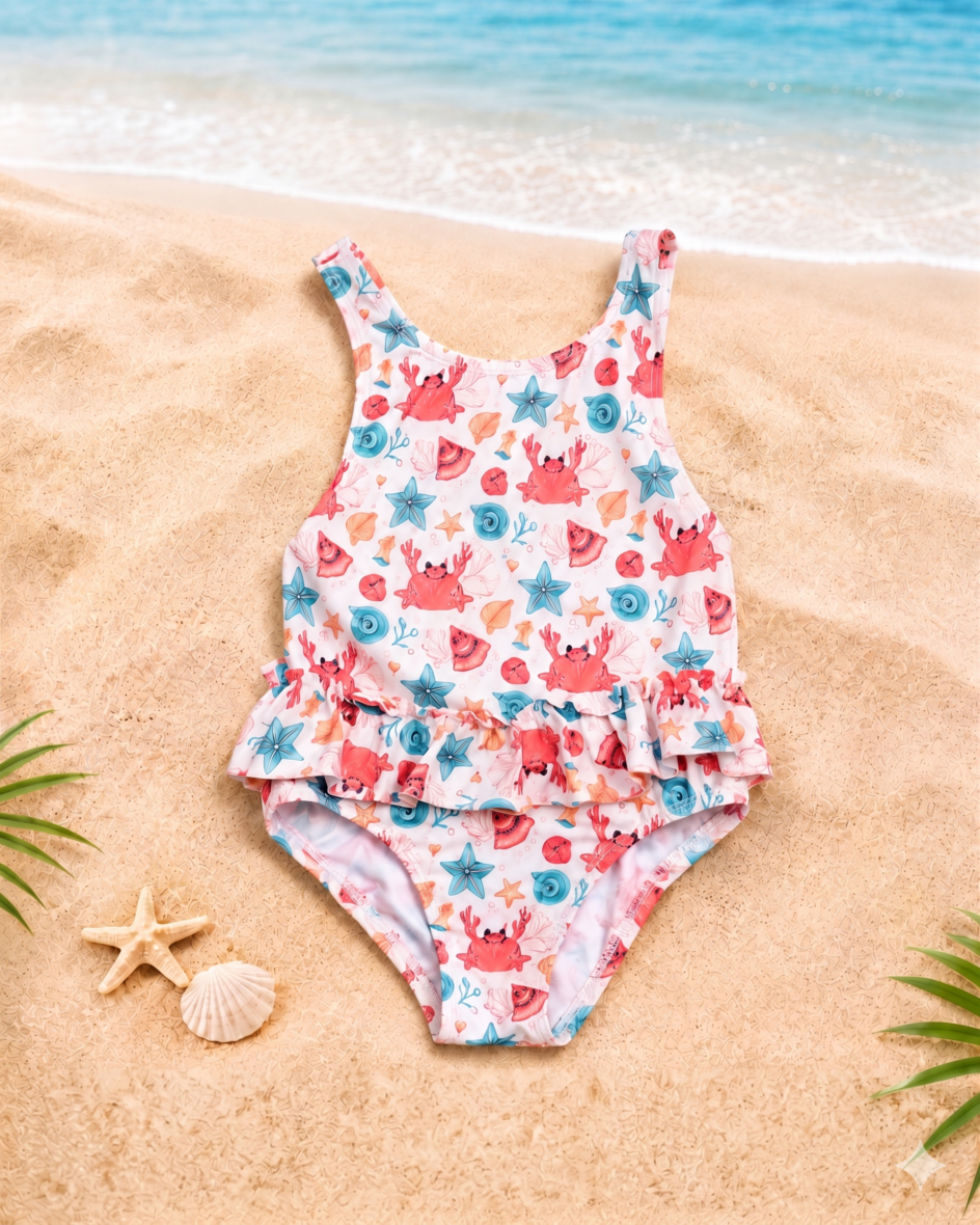 Kids’ Coral Crab & Starfish Print One-Piece Swimsuit