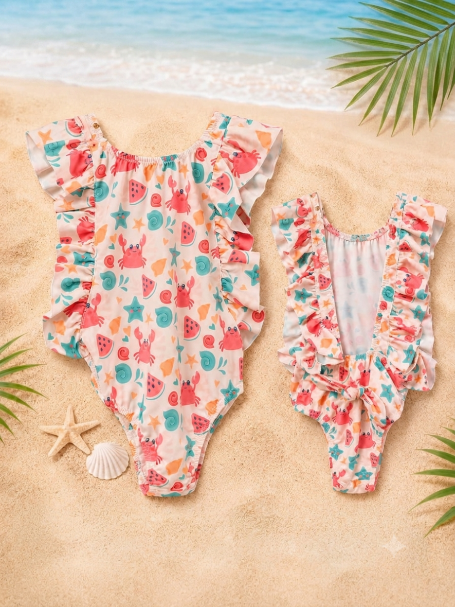 Kids’ Premium Sea Life & Watermelon Print One-Piece Swimsuit with Ruffled Trim