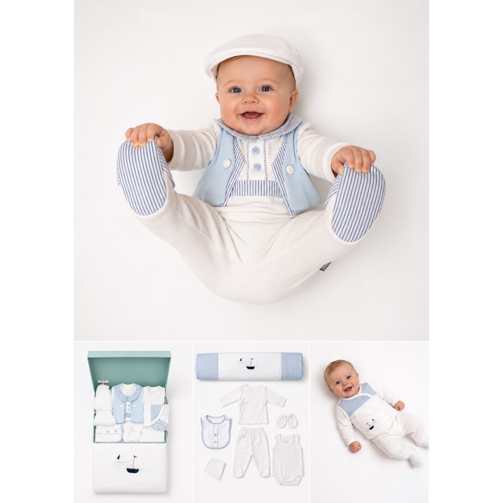 Luxury 10-Piece Nautical Boy Layette Gift Set – Blue & White