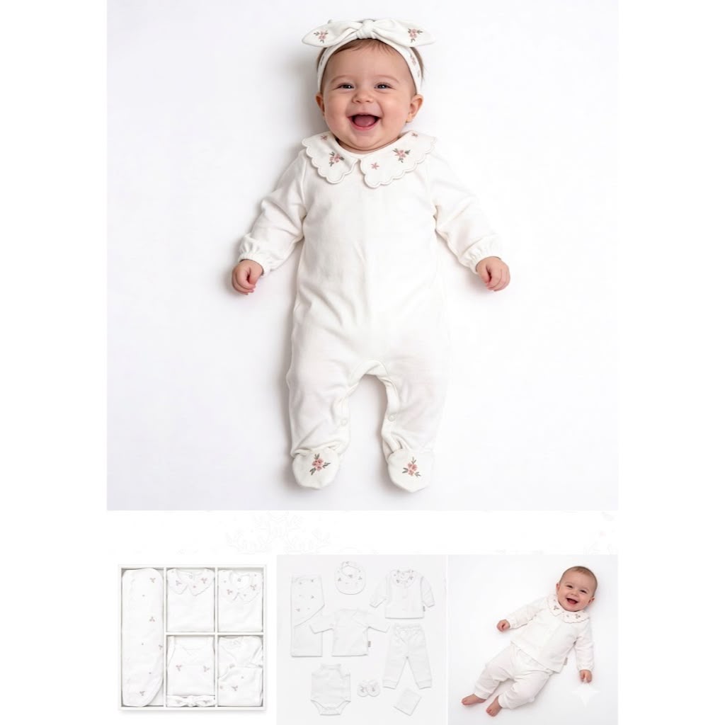 Luxury White Floral Embroidered Baby Layette Set – 10 Pieces