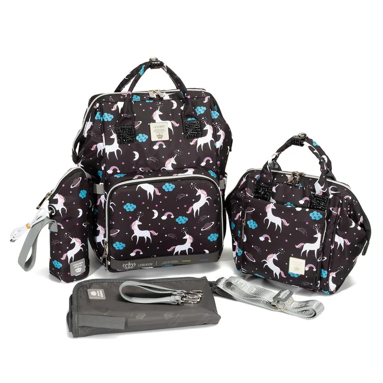 LeQueen Diamond 7th Edition Soft Waterproof Original Mommy Bag Set – Black Unicorn Print
