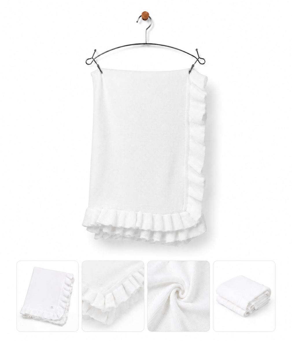White Knitted Baby Blanket with Ruffle Edge