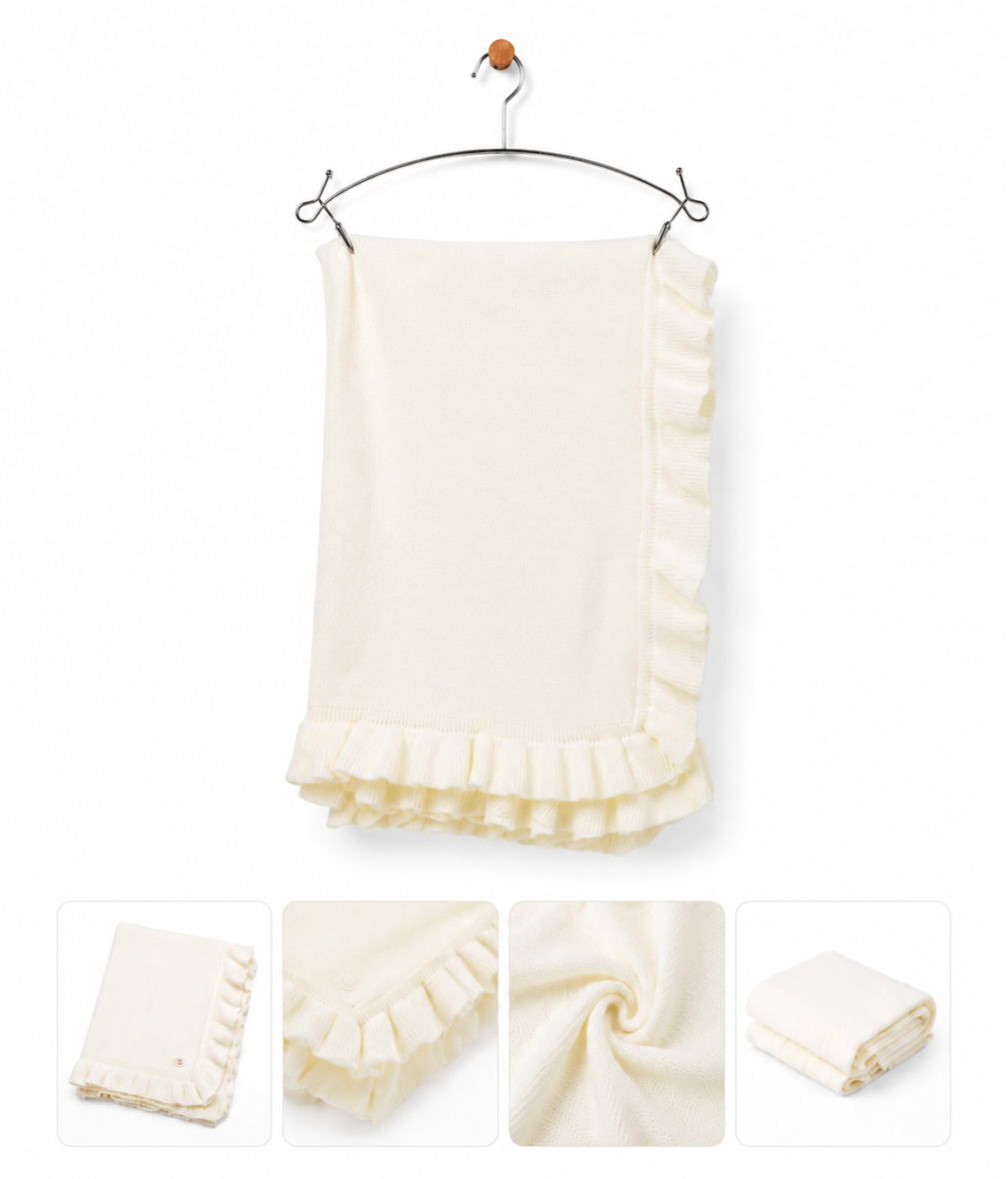 Ivory Knitted Baby Blanket with Ruffle Edge